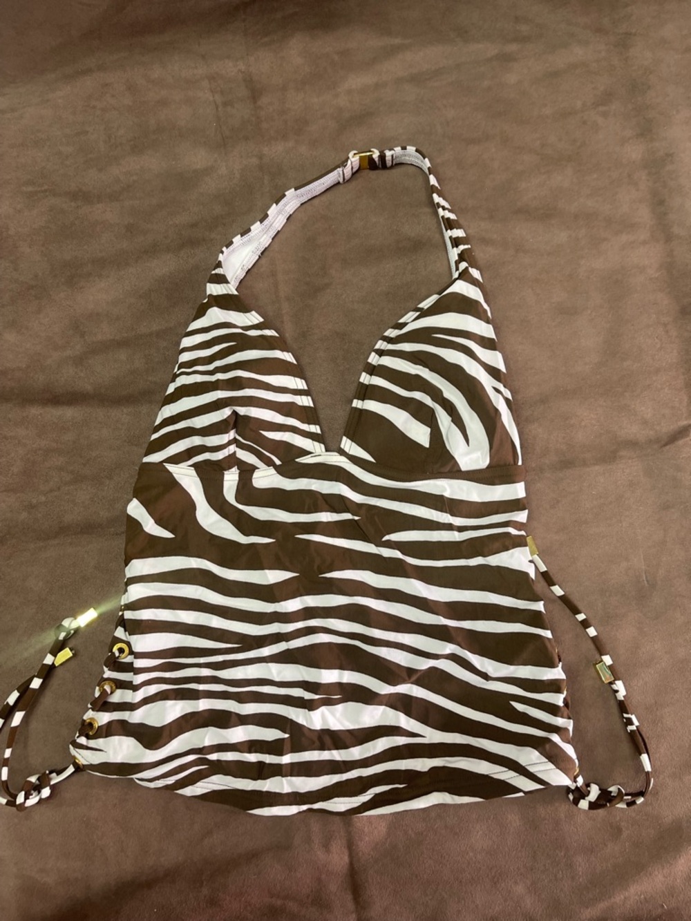 Michael Kors Brown and White Zebra Print Halter Tankini Top